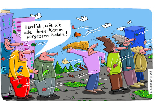 Cartoon: Herrlich (medium) by Leichnam tagged herrlich,kamm,kämme,kammträger,glatzenträger,platte,herbst,wind,sturm,langhaar,leichnam,leichnamcartoon