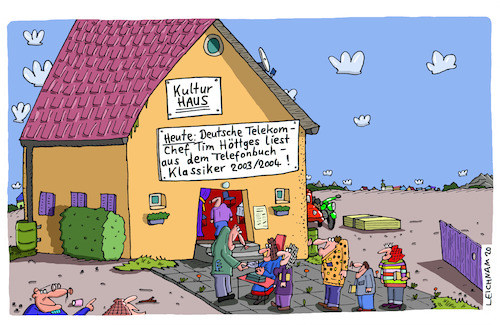 Cartoon: Hinein! (medium) by Leichnam tagged hinein,kulturhaus,telekom,tim,telefonbuch,klassiker,lesung,buch,leichnam,leichnamcartoon,kasse,eintritt