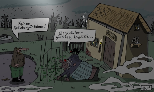 Cartoon: Hutzelweib (medium) by Leichnam tagged hutzelweib,hexe,kräuter,anbau,düsternis,beklemmung,kargheit,einsam,einfach