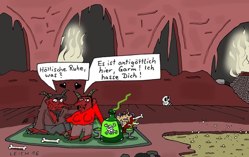 Cartoon: In der Hölle (medium) by Leichnam tagged hölle,liebe,hass,picknick,verknallt,schmachtend,speis,und,trank,dämonen,teufel,antigöttlich,mann,frau,beziehung,ruhe,höllisch,garm,gift,feuer