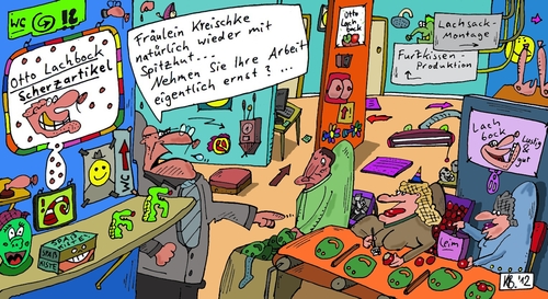 Cartoon: Kreischke (medium) by Leichnam tagged kreischke,otto,lachbock,scherzartikel,spitzhut,ernst,nehmen,job,arbeit,leimen,montieren,produktion,chef,boss,erzürnt,keine,disziplin