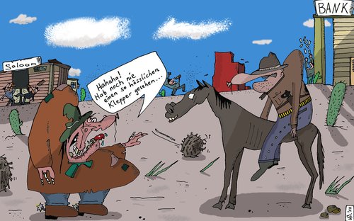 Cartoon: Mal wieder Westen wild (medium) by Leichnam tagged western,wildwest,klepper,pferd,hässlich,leichnam,hahaha,saloon,bank,cowboy,farmer,whiskey,saufen