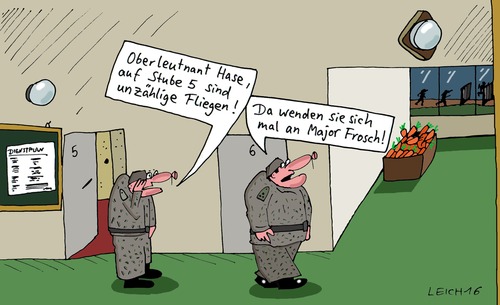 Cartoon: Militär (medium) by Leichnam tagged militär,oberleutnant,hase,major,frosch,fliegen,möhren,armee,kompanie,stube
