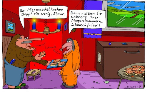 Cartoon: MMK (medium) by Leichnam tagged miesmuschelkuchen,stopfen,nutzung,magenkammern,schmeckfried,essen,elmar