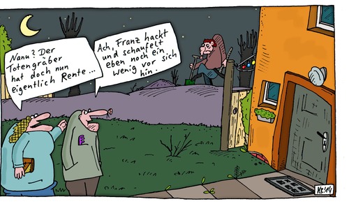 Cartoon: Nanu? (medium) by Leichnam tagged nanu,totengräber,rente,hacke,schaufel,nachtarbeit,verwunderung,rentner