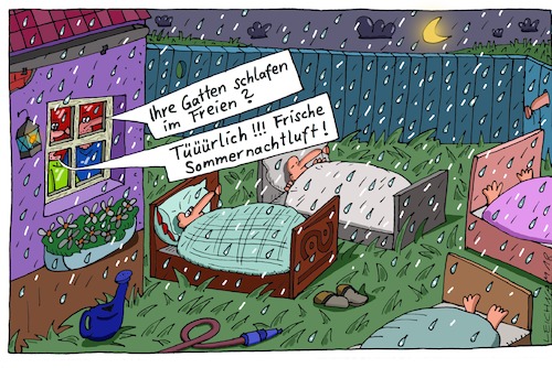 Cartoon: Open Air (medium) by Leichnam tagged open,air,gatten,frisch,sommernacht,sommerluft,regen,vorgarten,gesund,leichnam,leichnamcartoon,bettstätten,betten