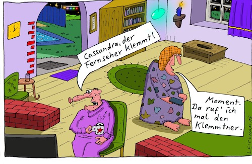 Cartoon: Problem (medium) by Leichnam tagged problem,cassandra,fernseher,klemmt,moment,anruf,service,klemmtner,klempner,leichnam,leichnamcartoon