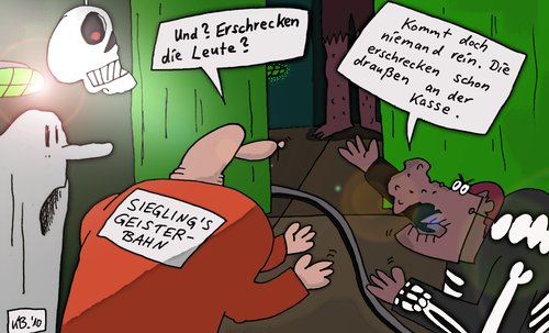 Cartoon: Schaustellerfrage (medium) by Leichnam tagged geisterbahn,schausteller,erschrecken,erschrecker,kasse,gespensterbahn