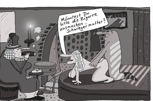 Cartoon: Schlafzimmer (medium) by Leichnam tagged schlafzimmer,schwiegermutter,zigarre,raucherin,wasserbett,bitte,akt,leichnam,leichnamcartoon