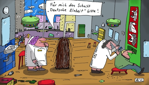 Cartoon: Schnippel (medium) by Leichnam tagged haar,schnippel,deutsche,einheit,friseur,frisur,dienstleistung,schere,kamm