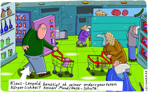 Cartoon: Supermarkt (medium) by Leichnam tagged supermarkt,einkauf,maskenpflicht,mundnaseschutz,klaus,leopold,leichnam,leichnamcartoon,unnötig,körperlichkeit,augenlos,mundlos,kopf,einkaufswagen