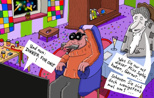 Cartoon: Und nun (medium) by Leichnam tagged nun,dinner,for,one,silvester,tradition,leichnam,leichnamcartoon,sophie,gernot,umschauen,eifersucht,schwarzweiß