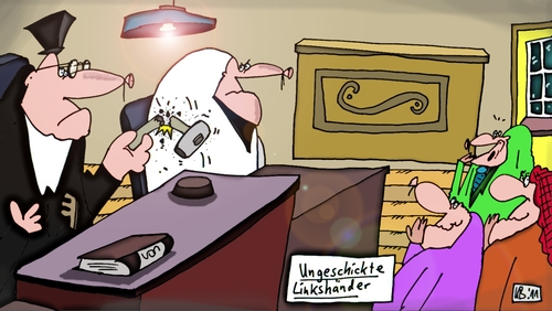 Cartoon: Ungeschick (medium) by Leichnam tagged ungeschick,ungeschickt,leichnam,zwei,linke,hände,holzhammer,gericht,richter,angeklagter,peinlich