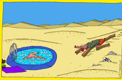 Cartoon: Unter dem Firmament (medium) by Leichnam tagged unter,firmament,wüste,sand,wasserbecken,pool,schwimmer,durst,heiß,hitze,trockenheit,kriechend,leichnam,leichnamcartoon