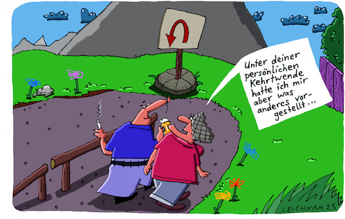 Cartoon: Unterwegs ... (medium) by Leichnam tagged unterwegs,leichnamcartoon,kehrwende,schild,vorstellung,anderes