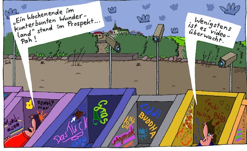 Cartoon: unzufrieden (medium) by Leichnam tagged unzufrieden,wochenende,kästen,beton,wunderland,kunterbunt,graffiti,prospekt,kameras,überwachung,leichnam,leichnamcartoon,freizeit,urlaub,pah