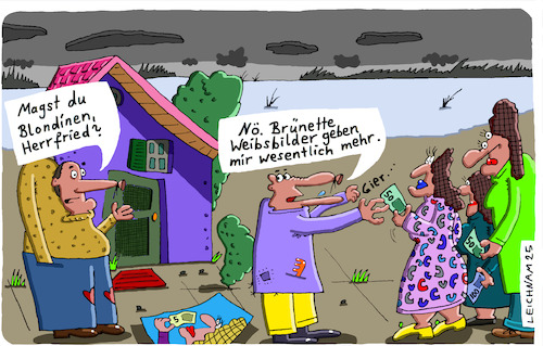 Cartoon: Vorliebe (medium) by Leichnam tagged vorliebe,leichnamcartoon,blondinen,brünett,weibsbilder,geld