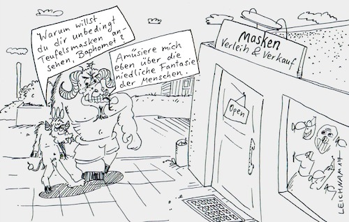 Cartoon: Vorstadt (medium) by Leichnam tagged vorstadt,baphomet,teufel,masken,laden,niedlich,fantasie,leichnam,leichnamcartoon