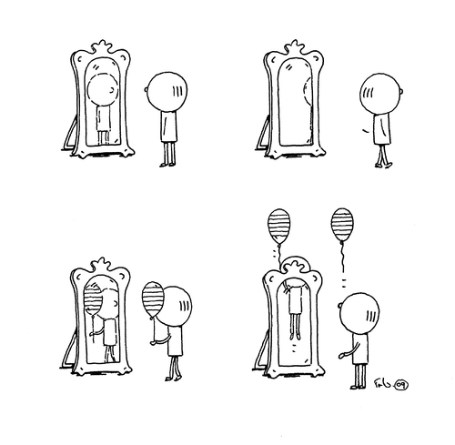 Cartoon: Spiegelbild (medium) by Trantow tagged spiegel,freiheit,gefangenschaft,fantasie,zwilling,luftballon,spiegel,freiheit,gefangenschaft,fantasie,zwilling,luftballon