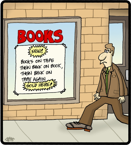 Cartoon: Books Back on Tape (medium) by cartertoons tagged books,bookmarks,tape,listening,technology,stores,business,books,bookmarks,tape,listening,technology,stores,business