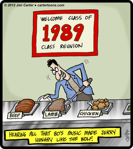 Cartoon: Hungry Like the Wolf (medium) by cartertoons tagged music,pop,80s,duran,reunions,friends,food,eating,dinner,1989,music,pop,80s,duran,reunions,friends,food,eating,dinner,1989