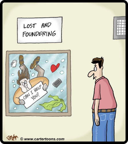 Cartoon: Lost and Foundering (medium) by cartertoons tagged lost,found,items,articles,customer,service,water,drowning,founder,foundering,flounder,floundering,help