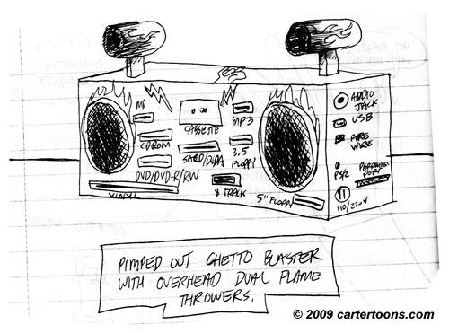 Cartoon: Pimped out ghetto blaster (medium) by cartertoons tagged radio,ghetto,blaster,boom,box,media,speakers,flames,flamethrower,cassette,cd,compact,disc,ports