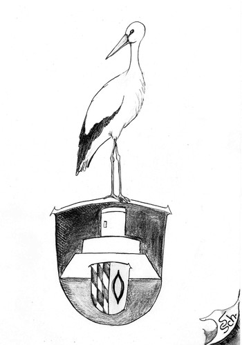 Cartoon: Wappen-Storch (medium) by swenson tagged animal,tier,storch,bird,vogel,stork,nest,wappen,otzberg