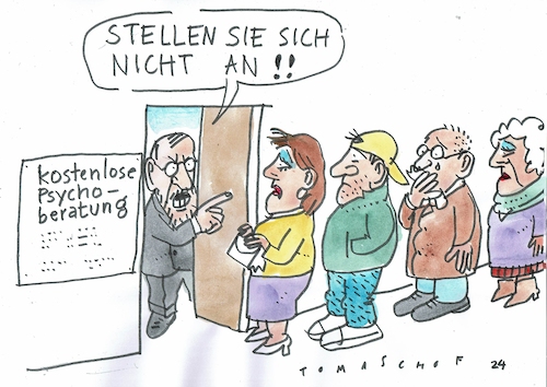 Cartoon: Anstellen (medium) by Jan Tomaschoff tagged psychotherapie,krankheit,wartezeit,schlange,psychotherapie,krankheit,wartezeit,schlange