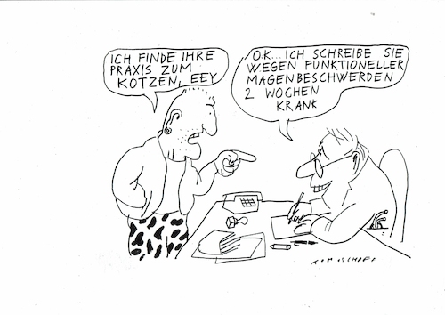 Cartoon: AU (medium) by Jan Tomaschoff tagged arzt,aggressiver,patient,funktionelle,magenbeschwerden,krankmeldung,arzt,aggressiver,patient,funktionelle,magenbeschwerden,krankmeldung