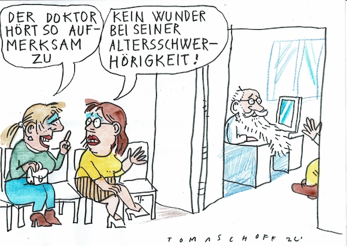 Cartoon: Aufmerksam (medium) by Jan Tomaschoff tagged ärzte,alter,kommunikation,gesundheit,ärzte,alter,kommunikation,gesundheit