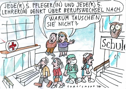 Cartoon: Berufswechsel (medium) by Jan Tomaschoff tagged fachkräfte,lehrerinnen,pflegerinnen,stress,fachkräfte,lehrerinnen,pflegerinnen,stress