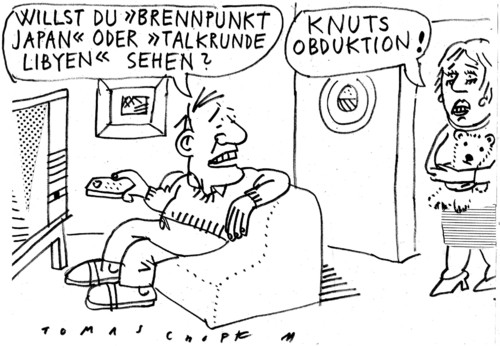 Cartoon: brennpunkt (medium) by Jan Tomaschoff tagged japan,libyen,gaddafi,fukushima,tv,news,nachrichten,knut,japan,libyen,gaddafi,fukushima,tv,news,nachrichten,knut