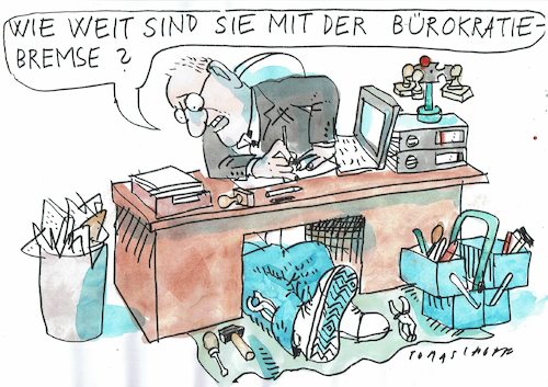 Cartoon: Bürokratiebremse (medium) by Jan Tomaschoff tagged staat,wirtschaft,planung,staat,wirtschaft,planung