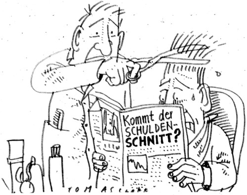 Cartoon: Cut (medium) by Jan Tomaschoff tagged schuldenschnitt,griechenland,schuldenschnitt,griechenland