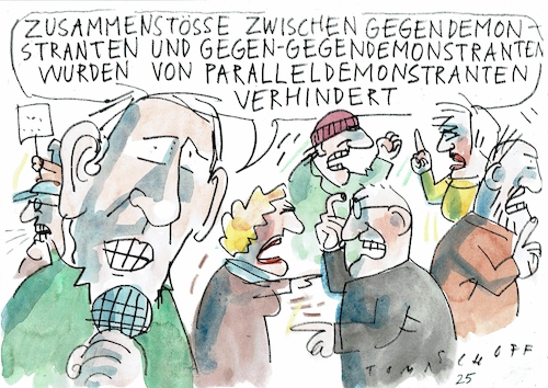 Cartoon: Demonstranten (medium) by Jan Tomaschoff tagged streitkultur,demonstrationen,meinungsvielfalt,streitkultur,demonstrationen,meinungsvielfalt