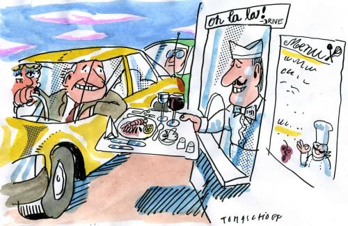 Cartoon: Drive In (medium) by Jan Tomaschoff tagged cooking,kitchen,menue,fast,
