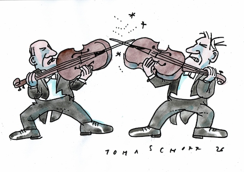 Cartoon: Duell (medium) by Jan Tomaschoff tagged musiker,duell,konkurenz,musiker,duell,konkurenz