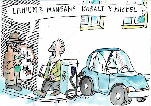 Cartoon: E Auto (medium) by Jan Tomaschoff tagged batterie,seltene,metalle,batterie,seltene,metalle