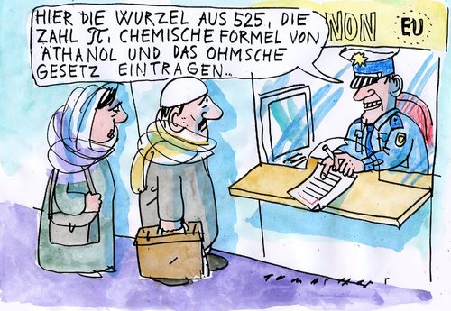 Cartoon: Einbürgerungstest (medium) by Jan Tomaschoff tagged migration,einbürgerungstest,migration,immigration,ausländer,deutschland,islam,einbürgerungstest