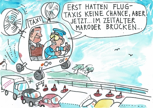 Cartoon: Flugtaxi (medium) by Jan Tomaschoff tagged infrastruktur,brücken,marode,verkehr,infrastruktur,brücken,marode,verkehr