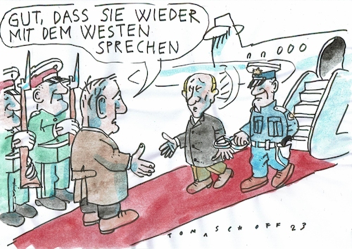 Cartoon: Gast (medium) by Jan Tomaschoff tagged putin,kriegsverbrechen,haftbefehl,putin,kriegsverbrechen,haftbefehl