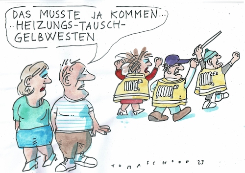 Cartoon: Gelbwesten (medium) by Jan Tomaschoff tagged heizung,proitest,gelbwesten,heizung,proitest,gelbwesten