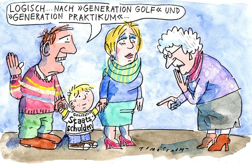 Cartoon: Generation (medium) by Jan Tomaschoff tagged familie,schulden,staat,golf,generation,generation,golf,staat,schulden,familie