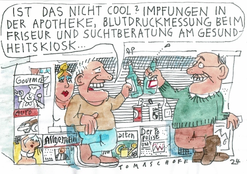 Cartoon: Gesundheitskiosk (medium) by Jan Tomaschoff tagged gesundheit,medizin,sucht,kiosk,gesundheit,medizin,sucht,kiosk