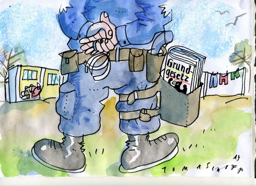 Cartoon: Grundbewaffnung (medium) by Jan Tomaschoff tagged demokratie,verfassung,migration,demokratie,verfassung,migration