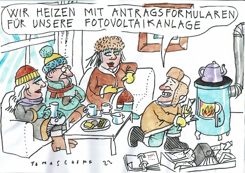 Cartoon: Heizung (medium) by Jan Tomaschoff tagged energie,sparen,gas,öl,strom,energie,sparen,gas,öl,strom,photovoltaik,antrag,fotovoltaik,sonnenenergie,heizen,winter,kalt,ofen,gruppe,sofa,mütze,kaffee,tee