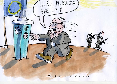 Cartoon: Hilfe Weltpolizei (medium) by Jan Tomaschoff tagged konflikte,usa,eu,konflikte,usa,eu
