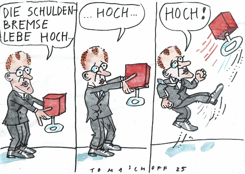 Cartoon: hoch (medium) by Jan Tomaschoff tagged merz,schuldenbremse,finanzen,merz,schuldenbremse,finanzen