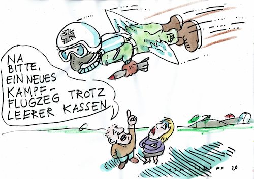 Cartoon: Kampfflugzeug (medium) by Jan Tomaschoff tagged bundeswehr,flugzeige,geld,corona,krise,bundeswehr,flugzeige,geld,corona,krise